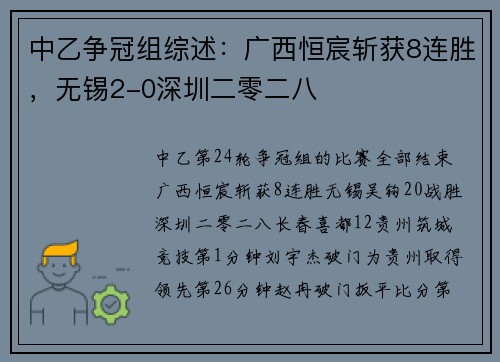 中乙争冠组综述：广西恒宸斩获8连胜，无锡2-0深圳二零二八